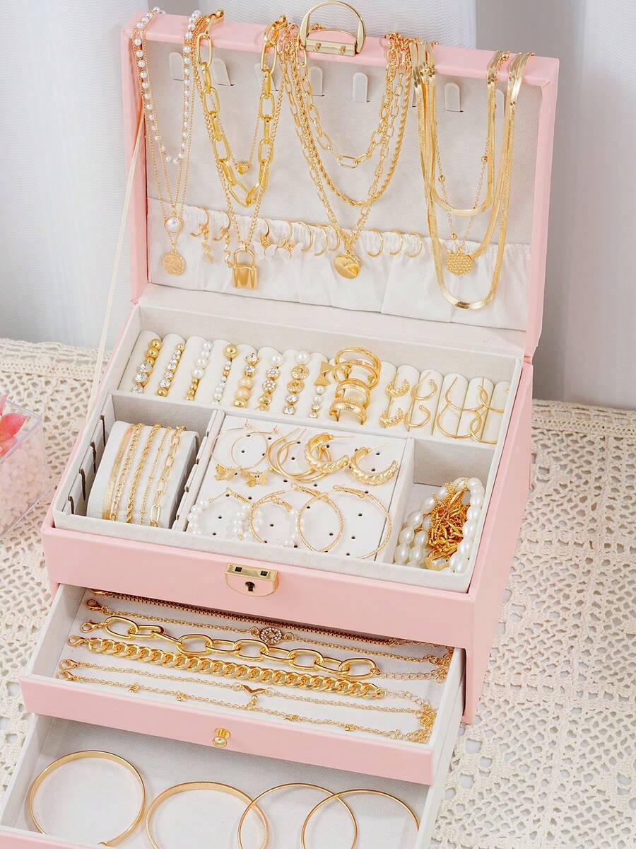 108pcs Style Simple Elegant Vintage Butterfly, Heart, Faux Pearl, Twist Knot, Lock,Rhinestone, Wide Band, Necklace, Ring, Bracelet Jewelry Set For Holiday, Party, Daily Wear - Vàng kim - 108 miếng - Xem 1