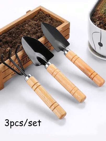 3 Piecesmini Gardening Tool Set, Home Gardening Shovel With Wooden Handle - Durable Metal Spatula, Shovel, And Fork - Perfect For Gardening And Potting, Soil Cultivation | Rural Garden Tools | Wooden Handle Tools
