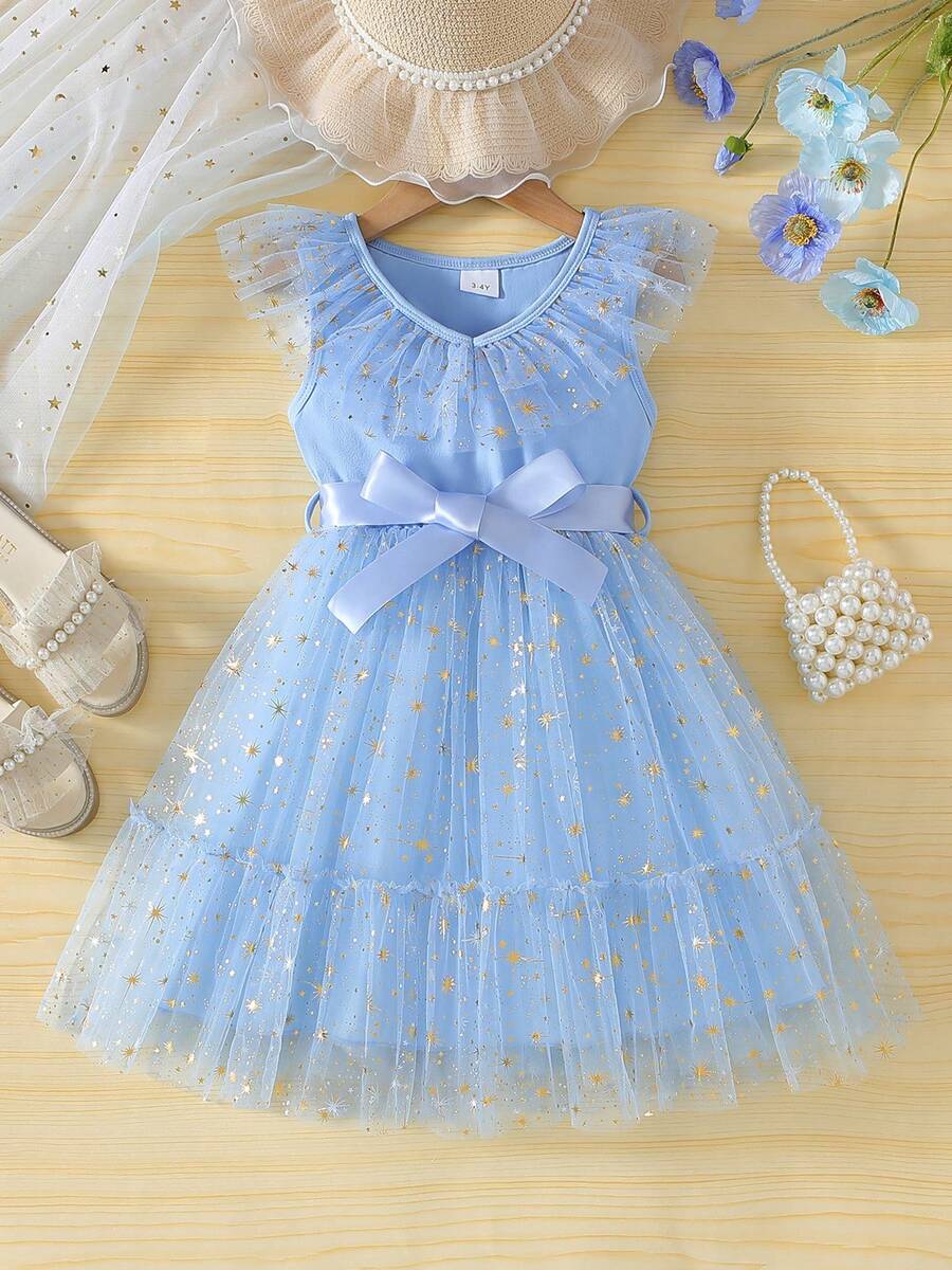 Toddler Girls Tulle Dress Sleeveless Star Print Belted Pageant Dress Kid Wedding Ball Gown - 藍色 - 查看 1