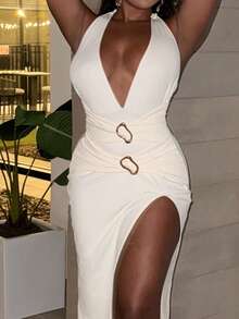 Alexandranx Deep V-Neck, Waist Ruched, Metal Decor Button, High Slit, Sleeveless, Textured Long Dress, Sexy - Apricot - View 5