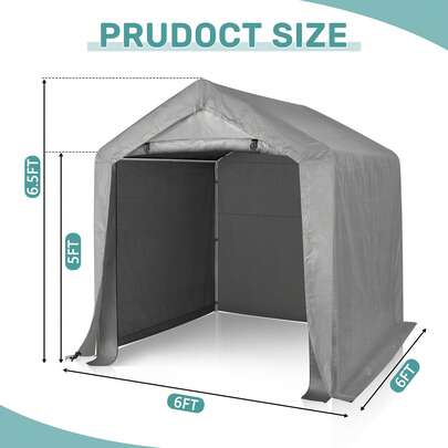 SUNROAD 6X6FT Dark Grey 4 Panel One Room Carport, 25mm Diameter Grey Plastic Coated Iron Pipe, 140G PE Fabric, 3 Panel Storage Shed, 1 Door