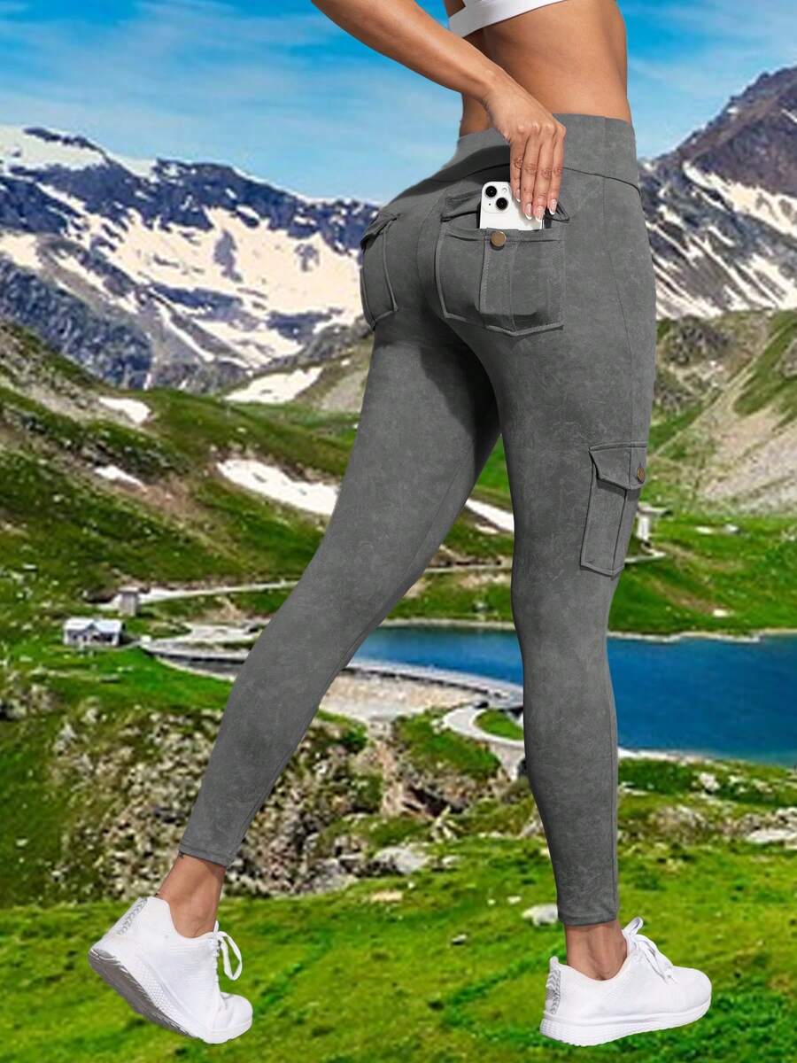 Women's Outdoor Sports Pocket Tight Pants, Grey Full Season Workout Pocket Sports Leggings, High Waist Sports Pants, Hip Butt Lifter Workout Leggings, Yoga Pants With Elastic Waistband