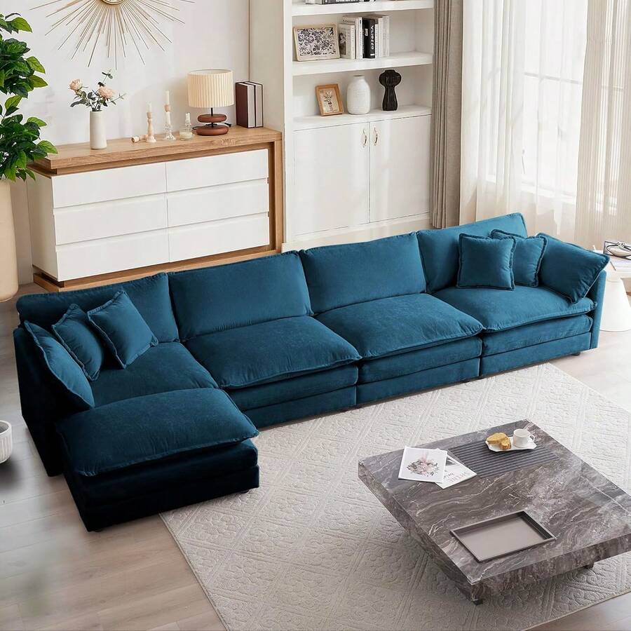 Modular Sectional Sofa, 146.5 Inch L Shaped Couch Set For Living Room, 4-Seater Comfy Cloud Couches With  Movable Ottoman, DIY Combination, Chenille, Blue - ghế đôn 4 chỗ màu xanh - Xem 1