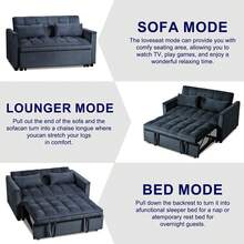 3 In 1 Convertible Sleeper Sofa Bed, Futon Couches For Living Room With Side Pocket | Adjustable Backrest| Velvet Fabric | Pull Out Couch | Love Seat Sofa| Sectional Sofa Bed| 2-Seat Sofa Bed - 黑色 - 查看 2