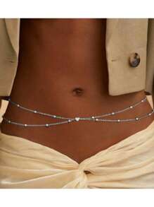 1 peça de corrente de corpo sexy com contas de cobre de camada dupla minimalista feminina, corrente de cintura multicamadas
