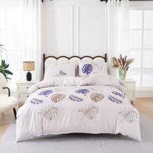 3Pcs Purple & Coffee Tropical Plant Leaf Quilt Set (2*Pillowcase, 1*Duvet Cover, No Core) Simple And Fresh Bedding, Super Soft And Comfortable, Zipper Sealing, Universal For All Seasons, Ideal For Decorating Bedrooms, Rooms And Dormitories.