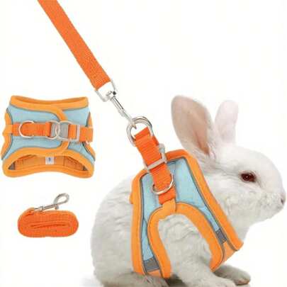 1pc Adjustable Rabbit Harness Set - Bright Orange Pet Quick-Release Design, Non-Slip Soft Handle, Suitable For Rabbits, Guinea Pigs - Escape-Proof Small Animal Leash, Secure Buckle Closure, Hand Wash, Pet Travel Accessory