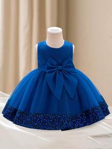 Baby Girls Ball Gown Dress Sleeveless Round Neck Sequins Hem Tulle Patchwork A-Line Dresses Toddler Party Dress Formal Dress Toddler Birthday Wedding Dress - 藍色 - 查看 3