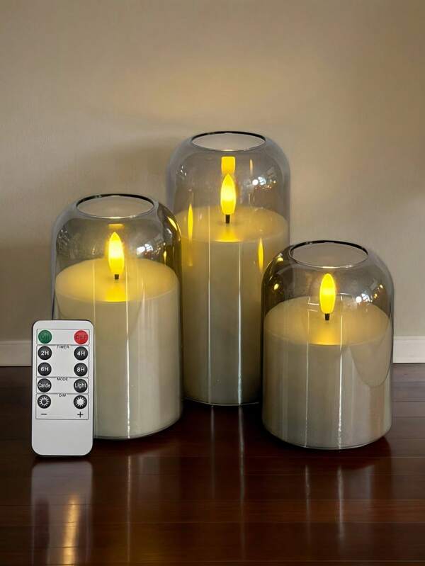 1/3pcs Flameless Candles, Battery Operated Candles With Remote Control And Timer, Grey Acrylic LED Pillar Candles, For Wedding, Room Decor, Holiday Party, Bedroom, Fireplace, Dining Table, Gift, Teacher's Day, 3" D X 4" H, 5" D X 6" H
