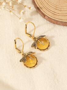 1 Pair Retro Dragonfly & Moonstone Pendant Earrings, Versatile Daily Wear Jewelry Gift For Women