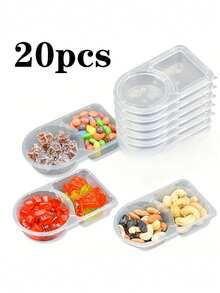 20 piezas Recipientes portátiles de doble compartimento para condimentos - Bandejas reutilizables de plástico para salsas y dips, tazas de salsa para mojar de uso múltiple con tapas, envases para aderezos de ensalada para llevar, portacondimentos de doble compartimento para viajes, vuelta al colegio, Halloween, Navidad, Día de la Madre, 4 de julio, fiestas, cumpleaños