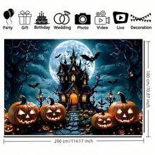 1pc Ghost Night Castle And Pumpkin Lantern Background Banner - Terrifying Bat And Full Moon Design, Suitable For Halloween Decoration, Day Of The Dead Decoration, Christmas, New Year, Autumn Decoration, Party Supplies, Party Decor, Indoor And Outdoor Garden And Courtyard Decoration - Multicolor - View 9