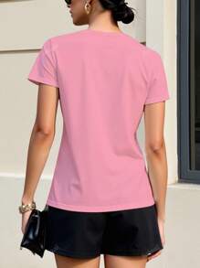 Scopa a T con collo a V in tinta unita per donna, scollo a scollatura corta con scollino in colore unito, alla moda per l'estate