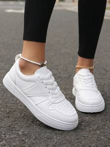Nuevos tenis blancos de moda para mujer, planos con suela gruesa, con cordones, transpirables y cómodos para uso casual y deportivo