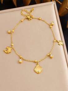1 Fashionable And Versatile Daily Wear Gold-Plated Stainless Steel Chain, Scallop Turtle Dolphin Pendant, Foot Accessory, Ankle Chain