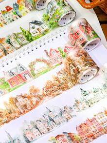 1 Roll Of Tape Dream Town Series House Landscape Pattern Gift Packaging Sealing Stickers Suitable For Multiple Scenes, Scrapbook Stickers Album Diary Decoration, Mobile Phone Case Water Cup Stickers Notepad Accessories Garbage Diary Decoration Stickers, Scrapbook Supplies, Art And Handmade Decoration Stickers School Supplies,Back To School