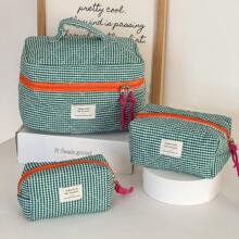 Green Classic Plaid Makeup Bag, Soft Fabric Zipper Pouch, Simple Plaid Pattern Travel & Daily Use Organizer Bag For Women Travel Essentials Vacation Summer Holiday Back To School School Stuff Bag For School Travel Bag For Women Makeup Bag For Travel