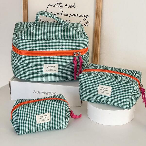 Green Classic Plaid Makeup Bag, Soft Fabric Zipper Pouch, Simple Plaid Pattern Travel & Daily Use Organizer Bag For Women Travel Essentials Vacation Summer Holiday Back To School School Stuff Bag For School Travel Bag For Women Makeup Bag For Travel