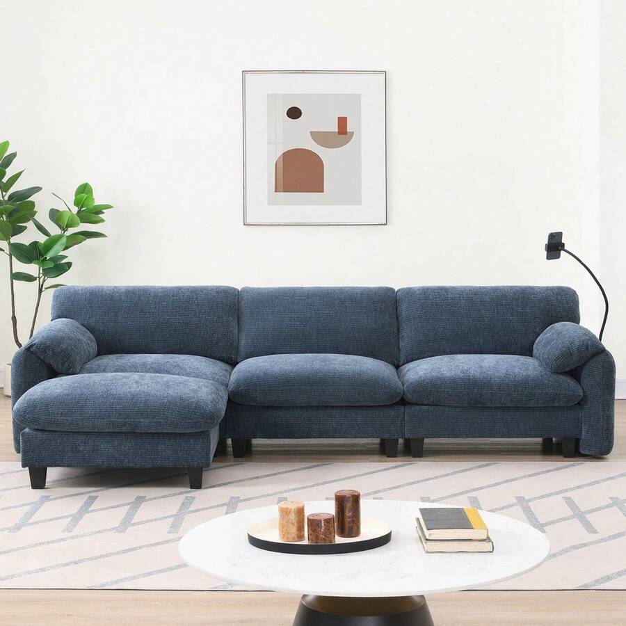 MERAX 108" Modular Sectional Sofa, U-Shape With 31.5" Extra-Wide Seat Cushion, USB And Type-C Charger, Phone Holder And 2 Side Storage Pockets, Free Movement Ottoman, Striped Chenille,Blue Gray - 108"Sofa-Blue Gray - 查看 1
