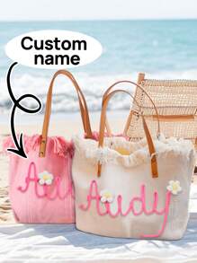 Borsa mare estiva personalizzata, con ricamo personalizzabile, borsa shopping minimalista alla moda con frange, di grande capacità, portatile, ideale per ragazze adolescenti, studenti universitari e professionisti, perfetta per lavoro, scuola e viaggi