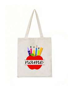 Pencil Print Polyester Custom Name Tote Bag - Casual Style, Lightweight, Open Closure, Fixed Shoulder Strap, Hand Washable, Daily Commute Bag With Printed Design, High-Capacity Travel Storage Bag