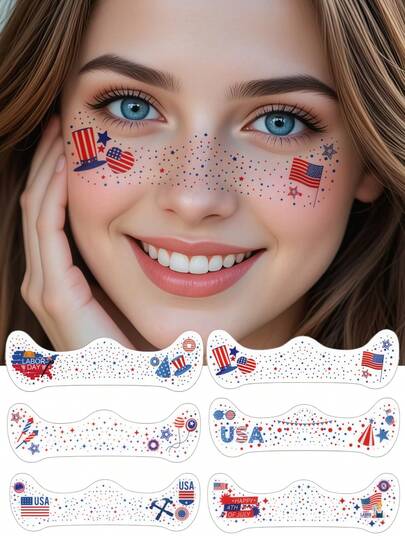 6 Sheets Fourth Of July Tattoos USA Temporary Tattoos 4th Of July Tattoos With Red White Blue Balloons Flag Star Hat Heart Pattern Independence Day Decorations For Summer Festival Party