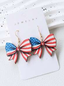 1 Pair American Independence Day Bowknot Red White Blue Patriotic Flag Earrings, Contrast Color Fashion Earrings, Holiday Party Gift
