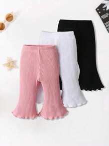 paquete de 3 pantalones para niñas, leggings de unicolor acanalado con volantes para bebés, pantalones acampanados para niñas pequeñas, tres piezas de pantalones acampanados con volantes para niños