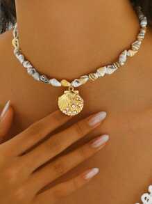1 pieza Collar de concha natural hecho a mano con cuentas, estilo bohemio, con colgante de concha y perla, diseño de estilo oceánico a la moda para mujeres, adecuado para viajes, fiestas y combinación diaria, el tamaño y el color de la concha natural son aleatorios