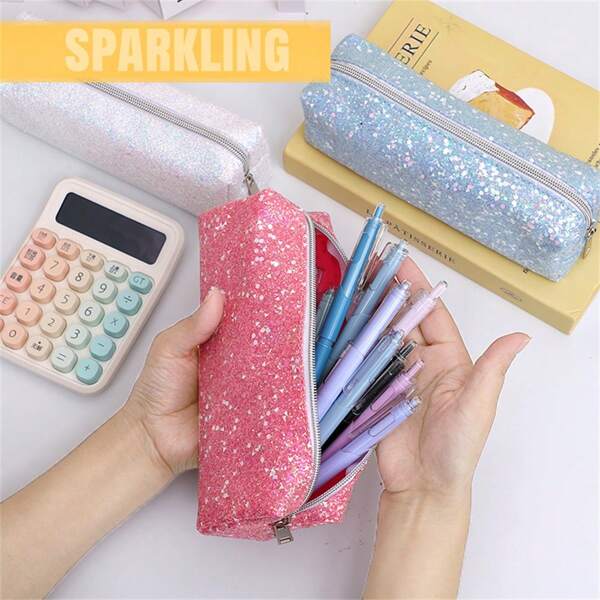 Estuche de lápices con lentejuelas en forma de estrella, bolsa brillante para artículos de papelería, estuche de lápices, estuche de lápices de gran capacidad, estuche de lápices portátil, caja de artículos de papelería, bolsa de cosméticos, bolsa de maquillaje, bolsa de almacenamiento, regalo portátil, adecuado para oficina, escuela, jóvenes, niñas, niños, de vuelta a la escuela, útiles escolares, estuche de lápices, mochila escolar
