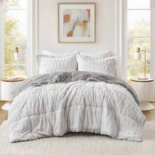 2/3 Pieces Soft Plush Gia Long Faux Fur Design Comforter Set, Mid Century, Modern All Season Down Alternative Bedding Set With Matching Sham, Christmas Thanks Giving Gifts - Xám/Trắng - Xem 2