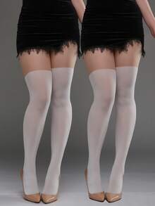 120D Spliced Tight Tights, Fake Thigh Tights, Black & White, Suitable For Halloween, Christmas, Student Style, Daily Wear, Cozy - Multicolor - View 15