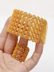 2 件 18K 镀金合金手链和戒指套装，时尚珠宝套装，适合婚礼、派对 - 金黃色 - 查看 5