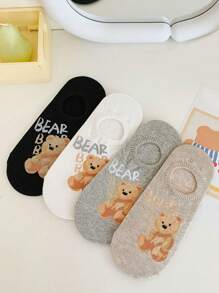 4 Pairs Of Women's Boat Socks, Doll Ragdoll Bears Cute Cartoon Wild Socks, Sweat-Absorbing And Breathable Non-Heel Invisible Socks, Suitable For You Who Travel In Spring And Summer