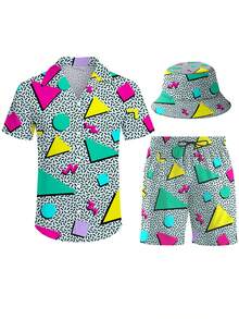 Men's Hawaiian Shirt And Short, Retro 80s 90s Geometric Pattern Summer Vacation 3 Piece Vacation Outfits Sets Casual Button Down Beach Floral Suits With Bucket Hats - 灰色 - 查看 1
