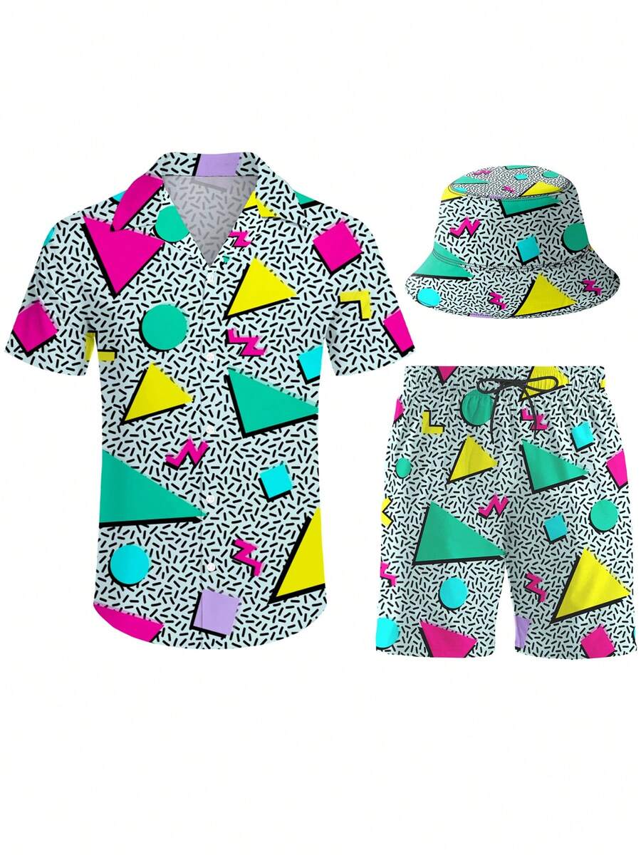 Men's Hawaiian Shirt And Short, Retro 80s 90s Geometric Pattern Summer Vacation 3 Piece Vacation Outfits Sets Casual Button Down Beach Floral Suits With Bucket Hats - 灰色 - 查看 1
