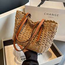Women Woven Straw Handbag Underarm Bag Travel Shoulder Bags Ladies Casual Bags Fashion Zip Up Beach Vacation Tote Shoulder Bag - 棕色 - 查看 2