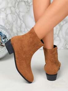 女士春秋新款切尔西踝靴，粗跟简约设计，侧拉链，轻便透气，时尚百搭，适合日常休闲穿着。 - 棕色 - 查看 5