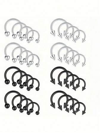 32pcs/Set 16G Multiple Sizes Horseshoe Rings For Men, Stainless Steel Nose Septum Horseshoe Hoop Earring Eyebrow Tragus Lip Rings Daith Helix Piercing Jewelry For Men, 6-12mm Piercing Jewelr