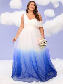 Plus Size Women Ombre V-Neck Formal Maxi Dress, Cocktail Party Prom Gowns, Backyard Wedding Dresses, Single Shoulder