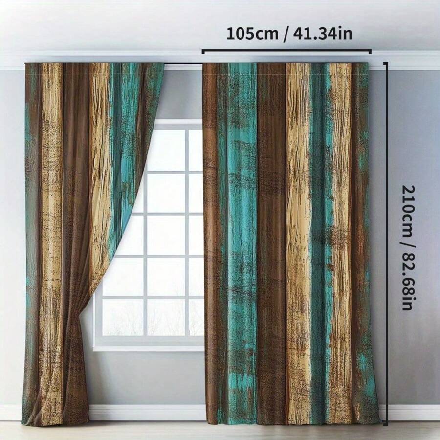 2pcs Country Style Wood-Look Blackout Curtains - Brown And Teal Wood Panel Rustic Farmhouse Curtains, Suitable For Bedroom And Living Room, Semi-Sheer, Machine Washable Polyester, Rod Pocket Hanging, Bedroom Decor | Country Style Curtains | Washable Fabric, Living Room Curtains