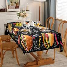 1/20pcs Black Themed Rectangular Polyester Tablecloth - Vibrant Fast Food Design With Burgers, Fries & Milkshakes, Durable & Easy-Clean Machine- Fabric For Kitchen, Dining Room, Parties, Outdoor Dining, Kitchen Decor, Bold Graphics, Cover, Stylish Table Linen, Food Enthusiasts - Multicolor - View 6