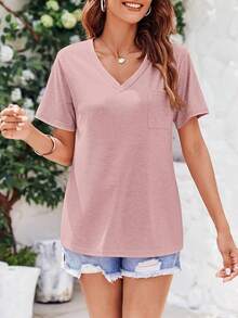 Camisetas de mujer de manga corta, sueltas y casuales para el verano con bolsillo - Rosa Pálido - Ver 4