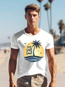 Sun Salt Sand T-Shirt - 220g Cotton Tee, Beach Vibes, Relaxed Fit, Summer Apparel, Tropical Design, Vacation Ready, Casual Wear, Gift Idea, Palm Tree Graphic, Coastal Style, Unisex T-Shirt 0001 - White - View 1