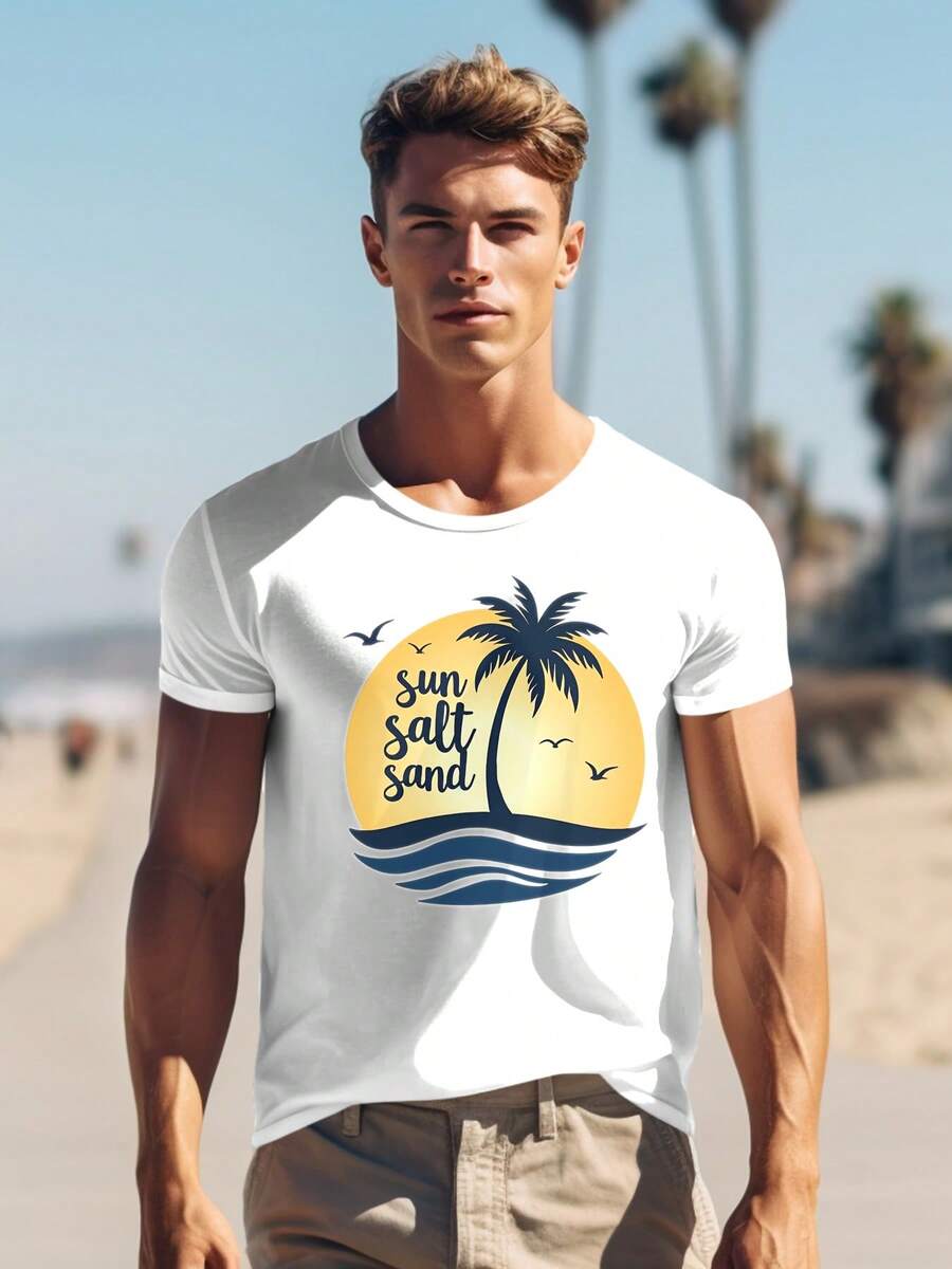 Sun Salt Sand T-Shirt - 220g Cotton Tee, Beach Vibes, Relaxed Fit, Summer Apparel, Tropical Design, Vacation Ready, Casual Wear, Gift Idea, Palm Tree Graphic, Coastal Style, Unisex T-Shirt 0001 - White - View 1