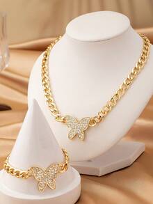 2pcs Gold-Tone Diamond Butterfly Pendant Necklace And Bracelet Set, Fashionable And Elegant For Party, Banquet And Daily Wear - Yellow Gold - View 2