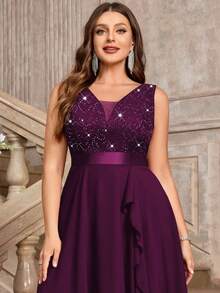 Plus Deep V-Neck Sequin Lace Contrast Ruffle Hem Chiffon Formal Evening Party Swing Dress, Summer Dress, For Birthday, Graduation, Dinner - Maroon - View 11