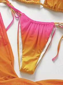 3件套女士性感沙滩比基尼套装，亮色渐变纯色挂脖比基尼泳装套装，搭配长款网纱裙，适合度假、复活节、节日、外出、约会之夜等场合，所有女士服装，秋季款 - 橘色 - 查看 8