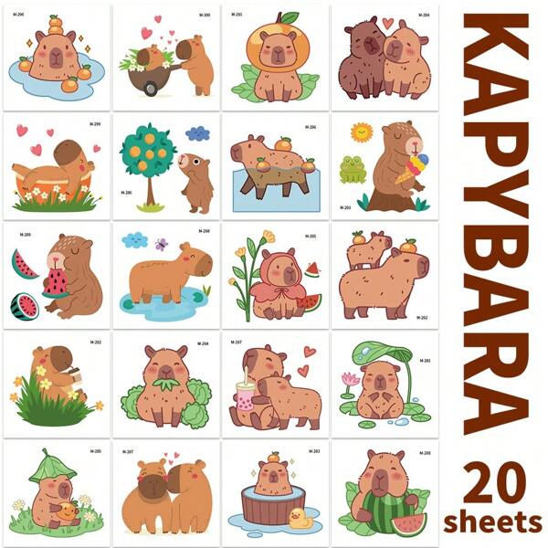20 Sheets Cute Capybara Temporary Tattoos, Waterproof Cartoon Tattoo Stickers, Party Favors Decor, Multi-Colored Fake Tattoos For Birthday Party Decoration