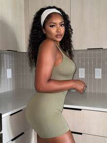 Alexandranx Women Plain Sleeveless Bodycon Unitard Romper - Olive Green - View 3